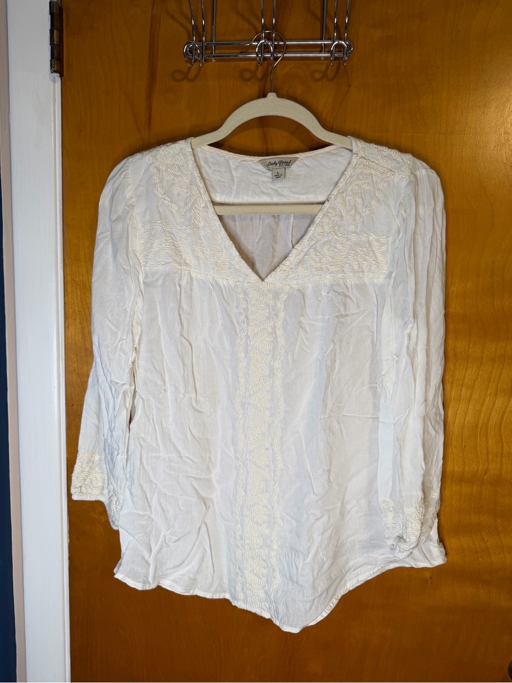 Lucky Brand Cream Embroidered V-Neck Peasant Blouse